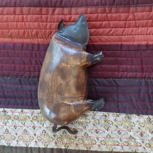 Folk art metal and wood carved pig figurine, 8" x 3.5" ish. - Picture 3 of 10